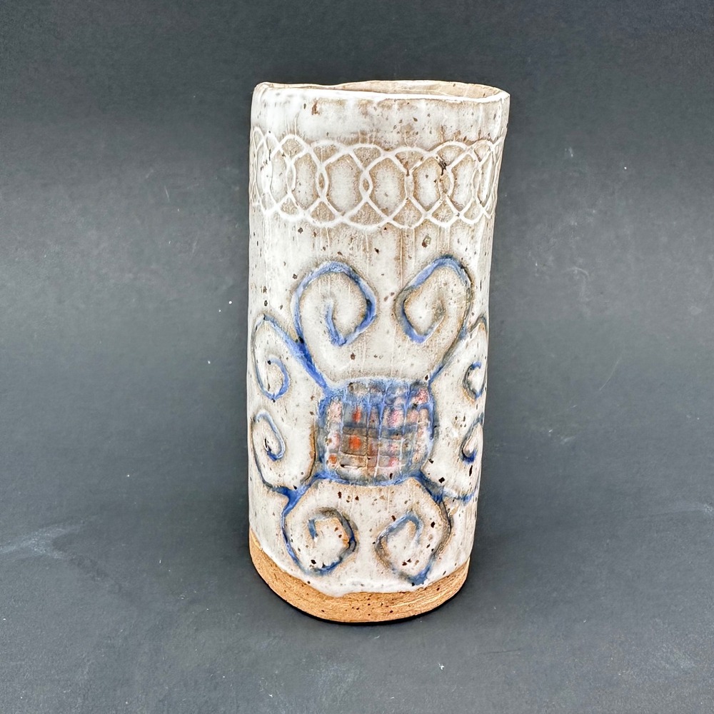 Studio Art Pottery Vase 5.5in Cream Blue Rustic Hand Thrown Stoneware